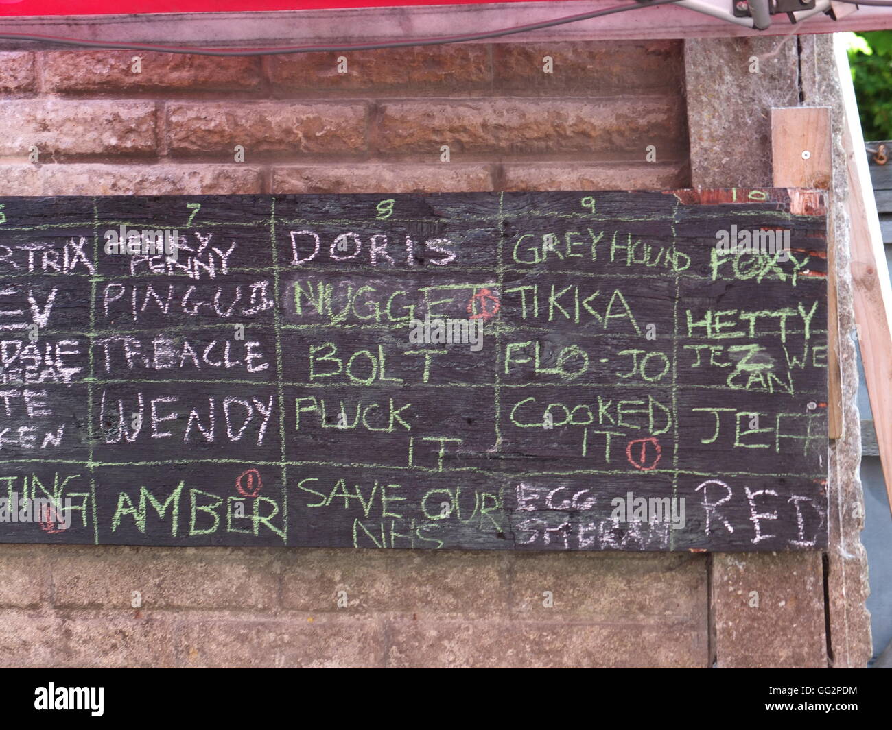 A blackboard at the World Championship Hen Racing held annually at Bonsall shows the heats and the names of the chicken entrants Stock Photo