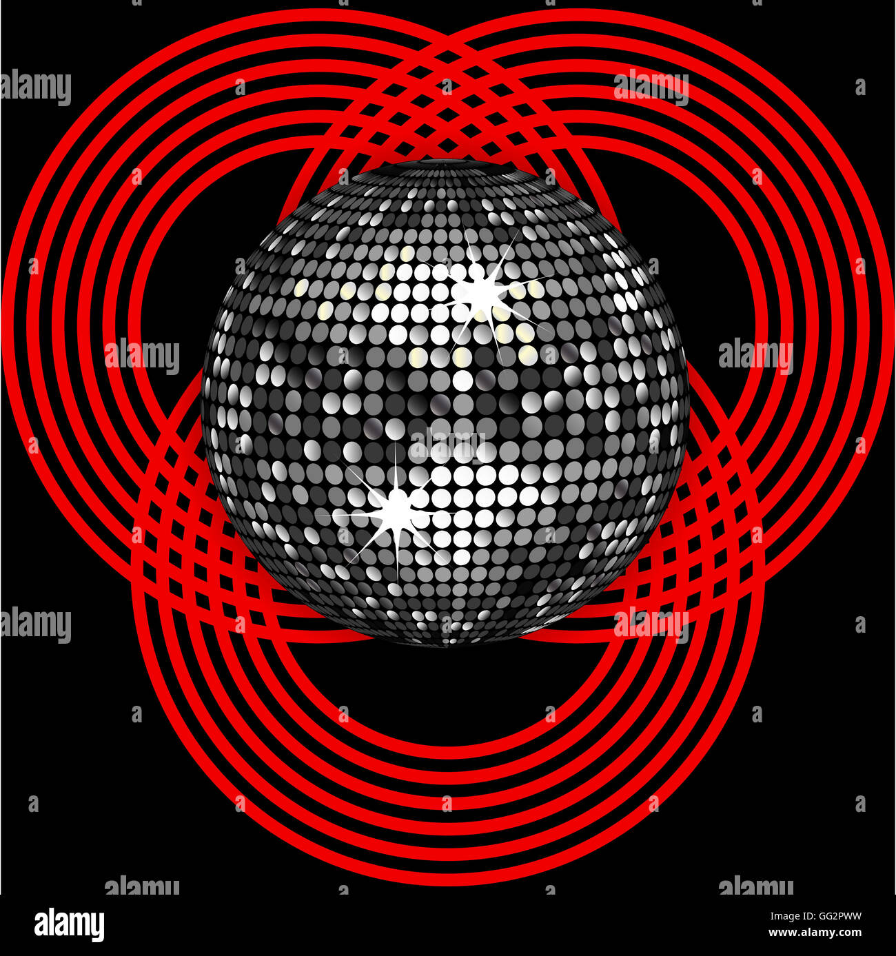 Silver 3d Disco Ball Over Black Background With Red Circle Patter