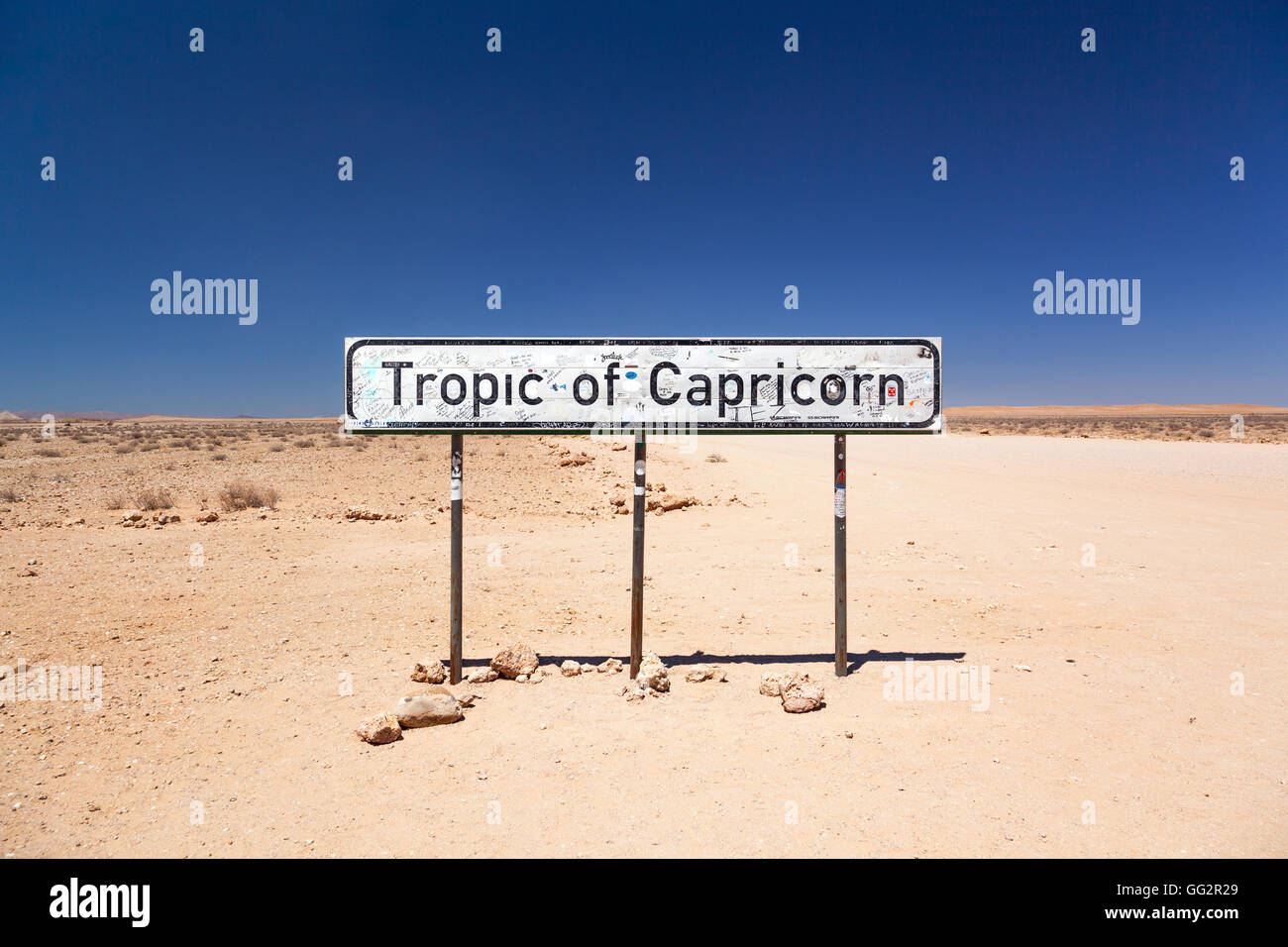 Namibia Tropic of Capricorn, Highway C14, near Goab Pass. The Tropic of Capricorn is the circle of latitude that contains the su Stock Photo