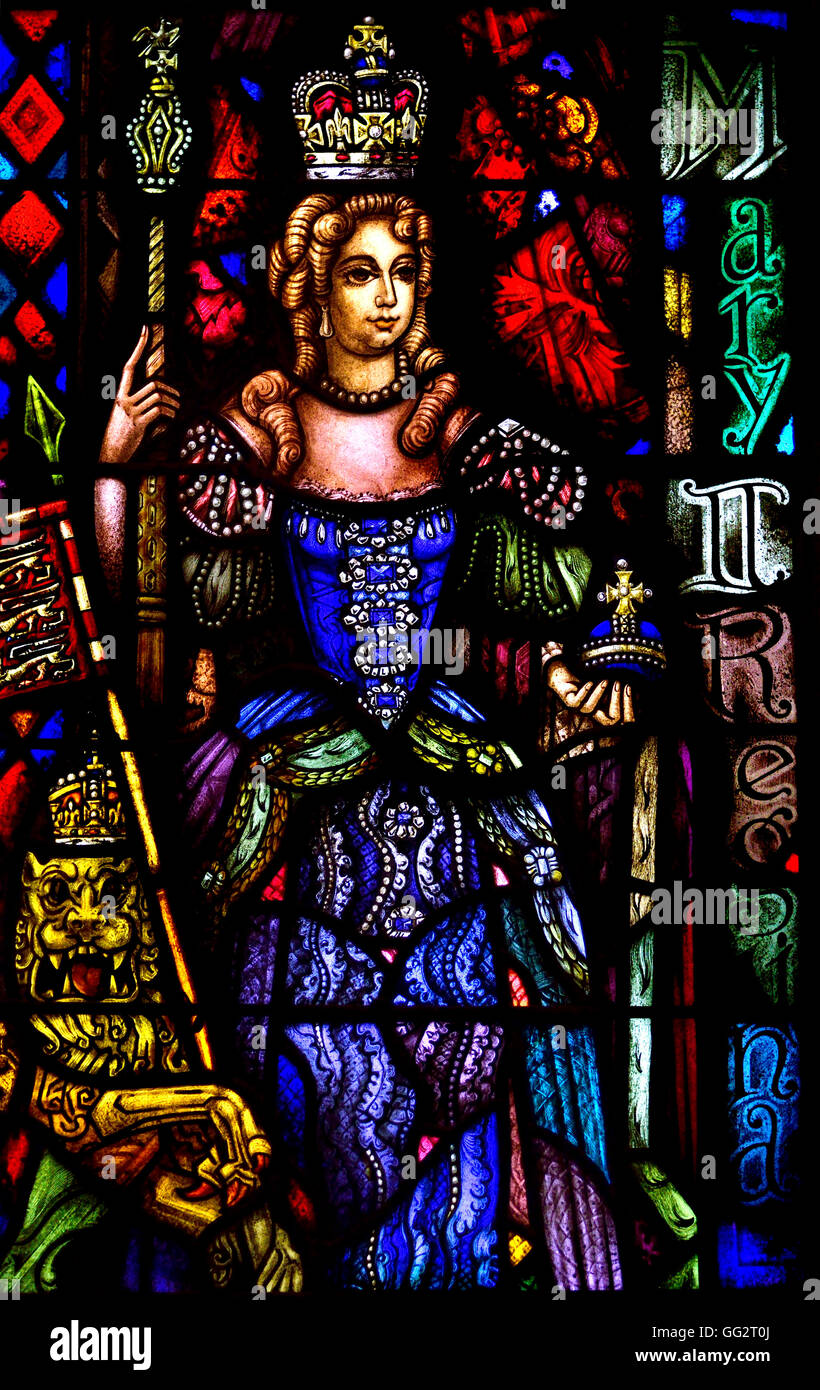 London, England, UK. Dutch Church, Austin Friars (Nederlandse Kerk Londen) Stained glass window: Max Nauta - 1954) Queen Mary  T Stock Photo