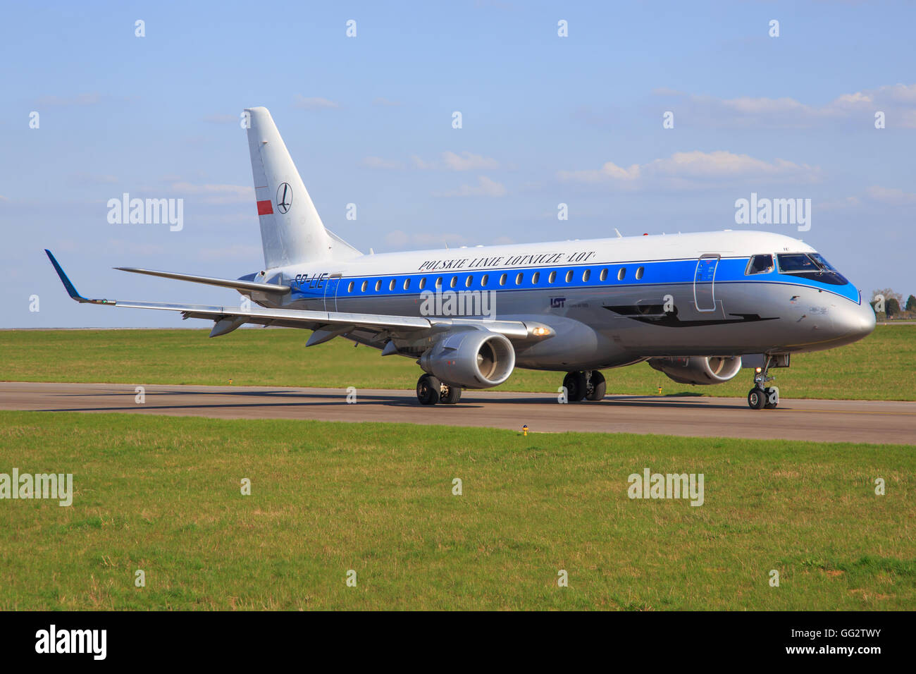 Luxembourg/Luxembourg August 9, 2015: Embrear 190 from LOT taxing at Luxembourg Airport Stock Photo