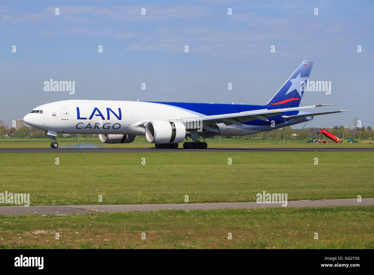 Amsterdam/Netherland April 9, 2016: Boeing 777 from LAN Cargo landing at Amsterdam Airport Stock Photo