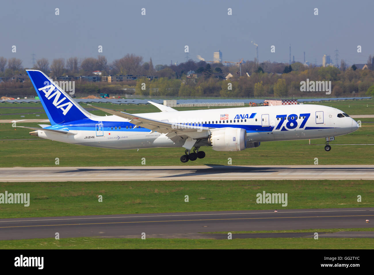 Düsseldorf/Germany April 9, 2016: Boeing 787 from ANA taxing at Düsseldorf Airport Stock Photo