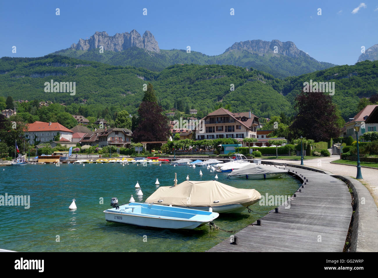 Boats moored at Talloires on Lake Annecy Haute Savoie in France Stock Photo
