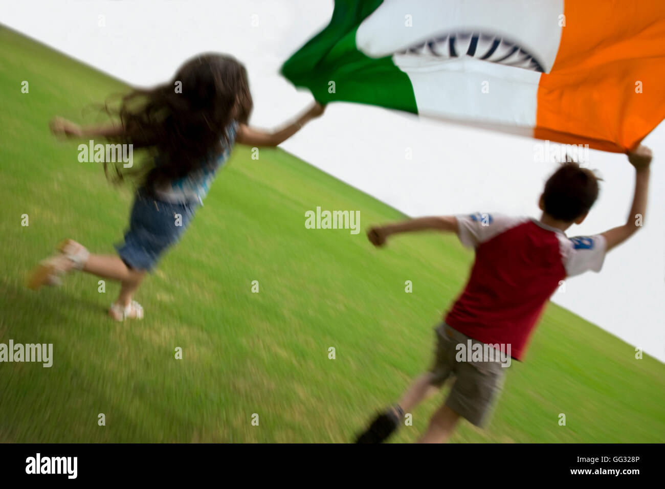 Children running with the Indian Flag Stock Photo