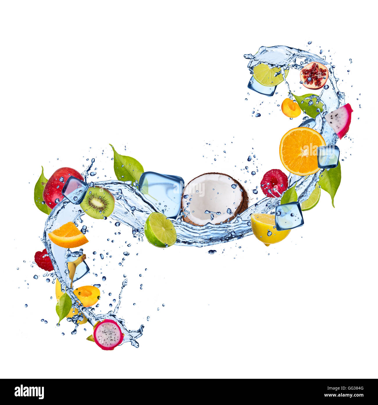 Mix of fruit in water splash and ice cubes, isolated on white ...