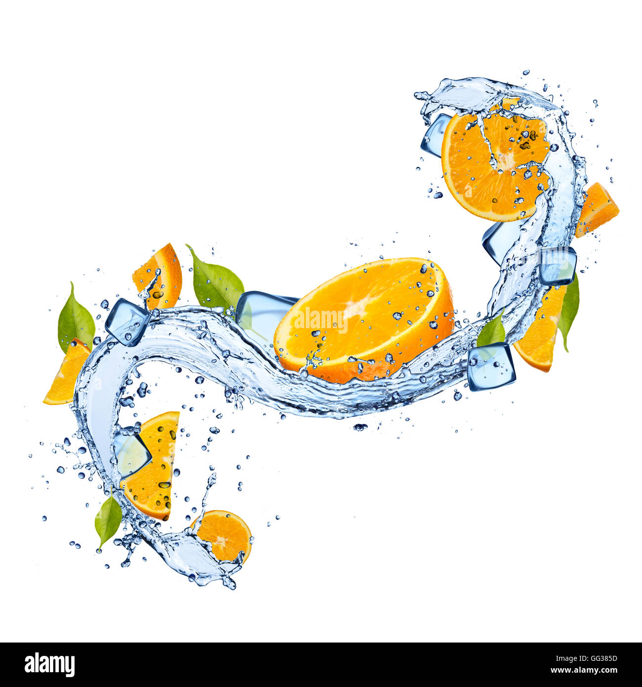 Pieces of oranges in water splash and ice cubes, isolated on white ...