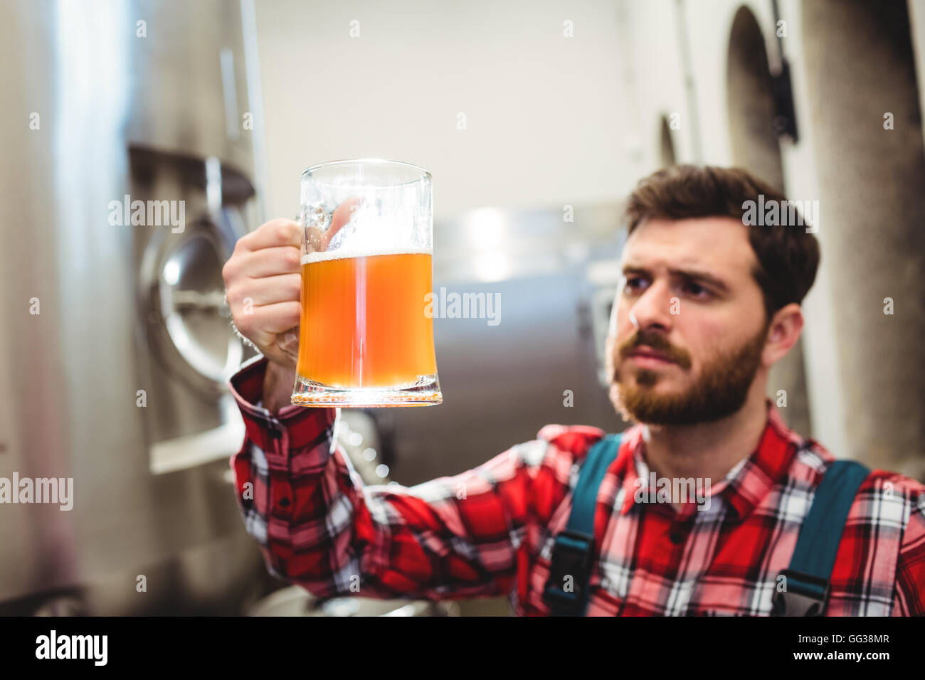 Manufacturer examining beer in jug at brewery Stock Photo