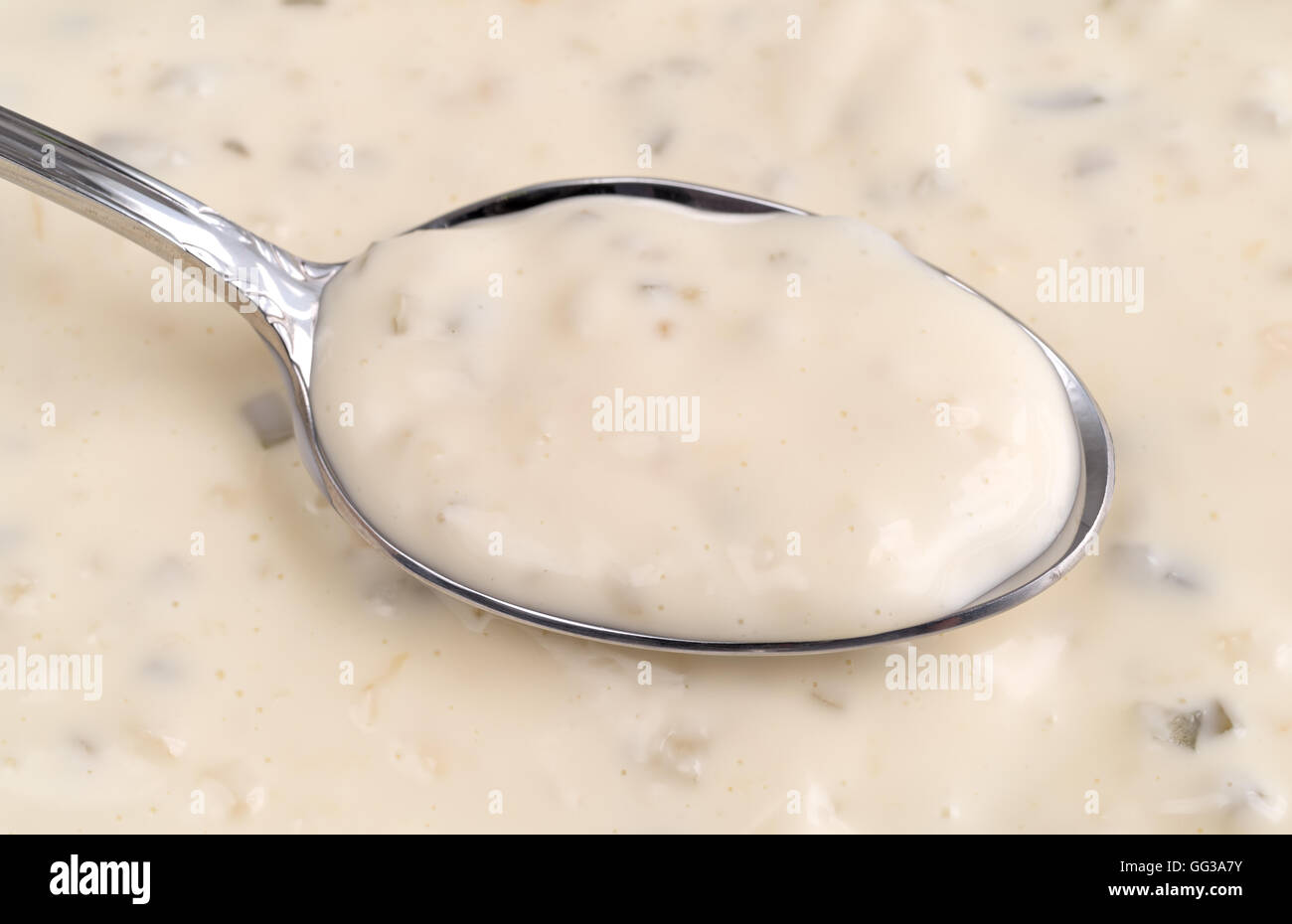 Side view of a spoonful of tartar sauce. Stock Photo