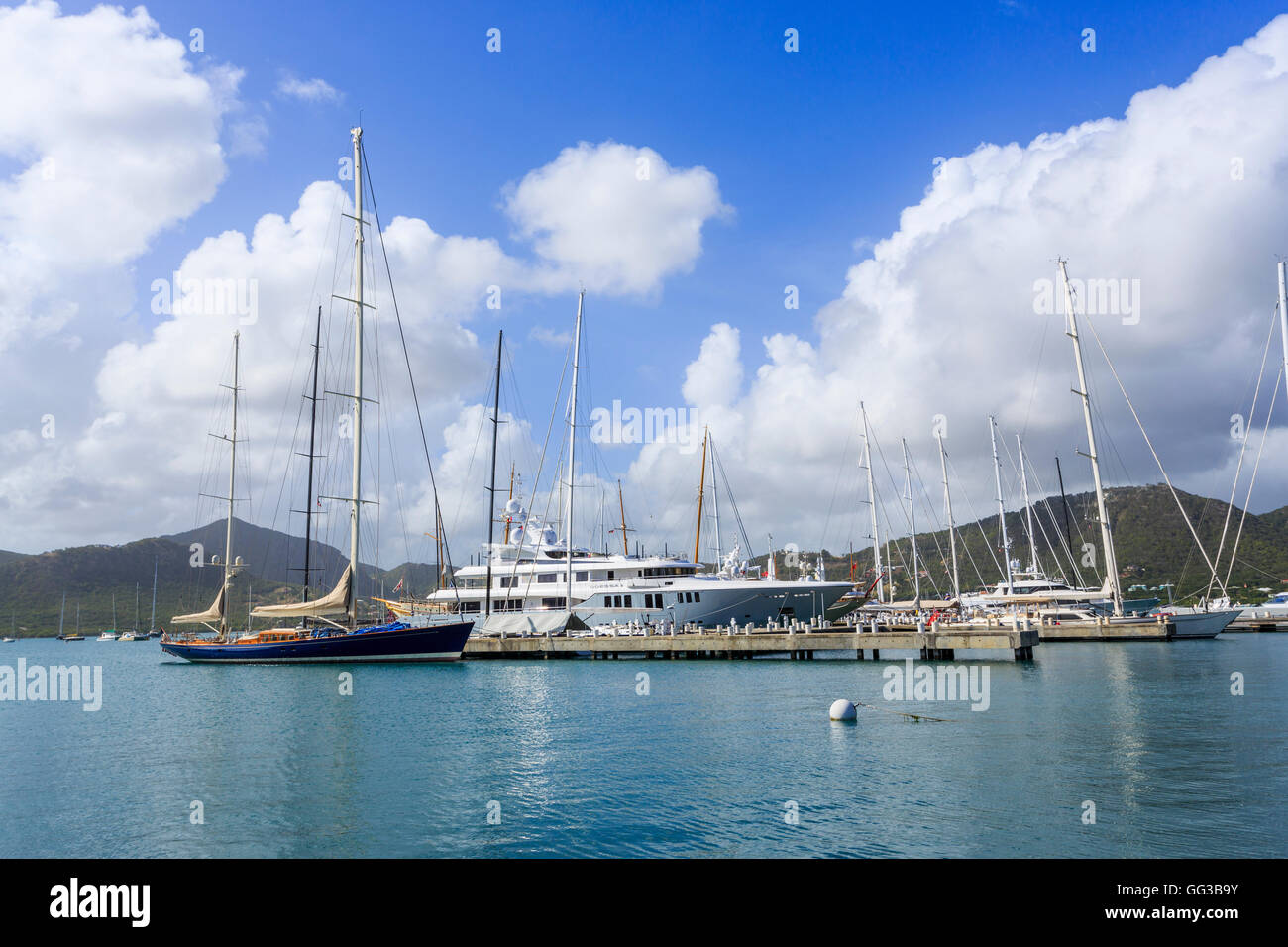 Expensive luxury yachts moored at Falmouth Harbour, Antigua and Barbuda