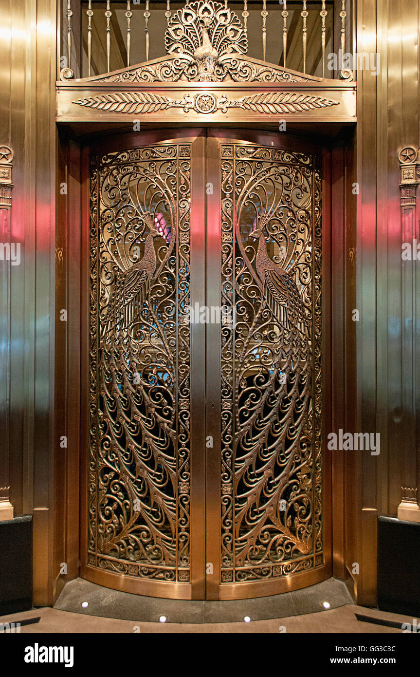 The peacock doors at the Palmer House in Chicago, designed by Louis C Tiffany on the Monroe street entrance. Stock Photo