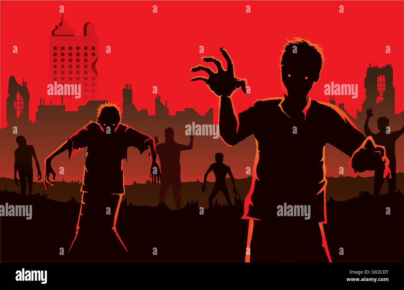 Zombie walking out from abandoned city. Stock Vector