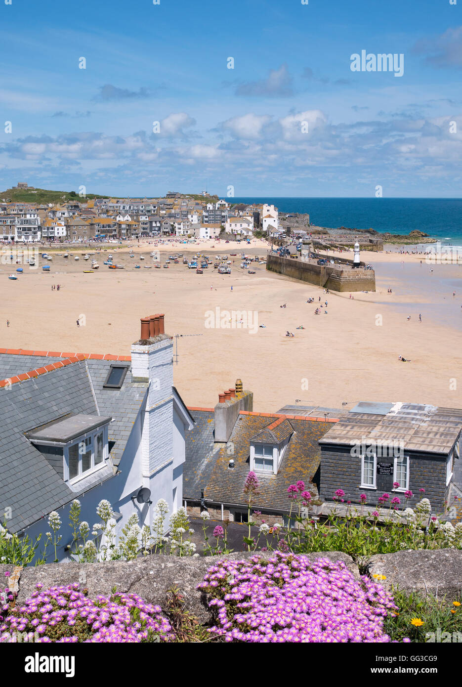 St. Ives harbour beach from above, Cornwall England. Stock Photo