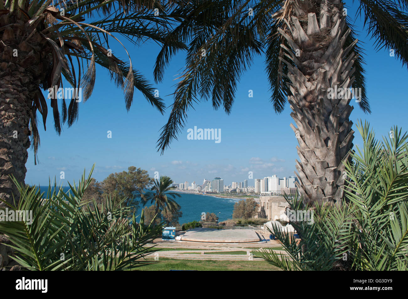 Israel, Middle East: the skyline and the shoreline of the beaches of Tel Aviv seen from the top of the hill on which the Old City of Jaffa is perched Stock Photo