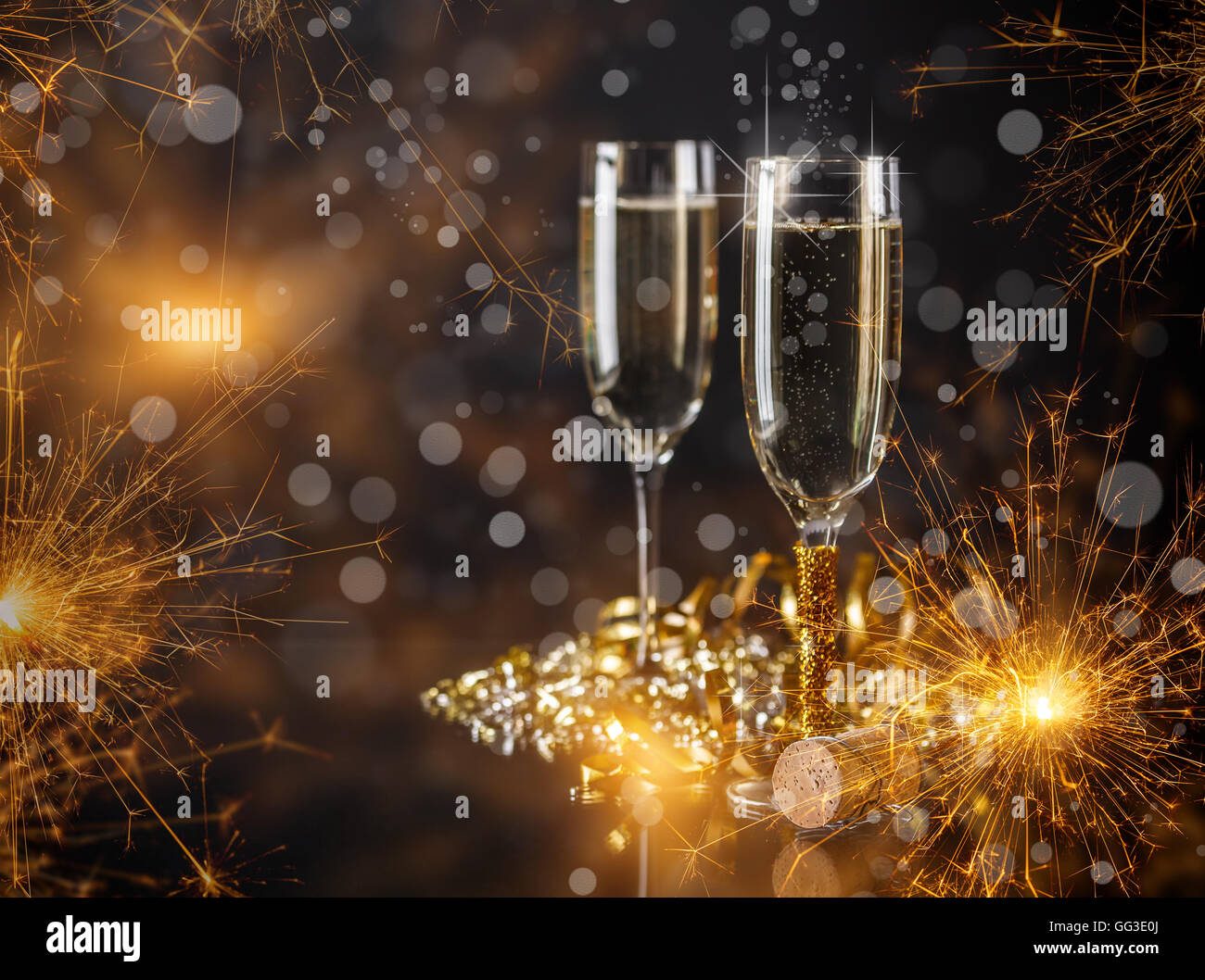 Champagne glasses ready to bring in the New Year Stock Photo