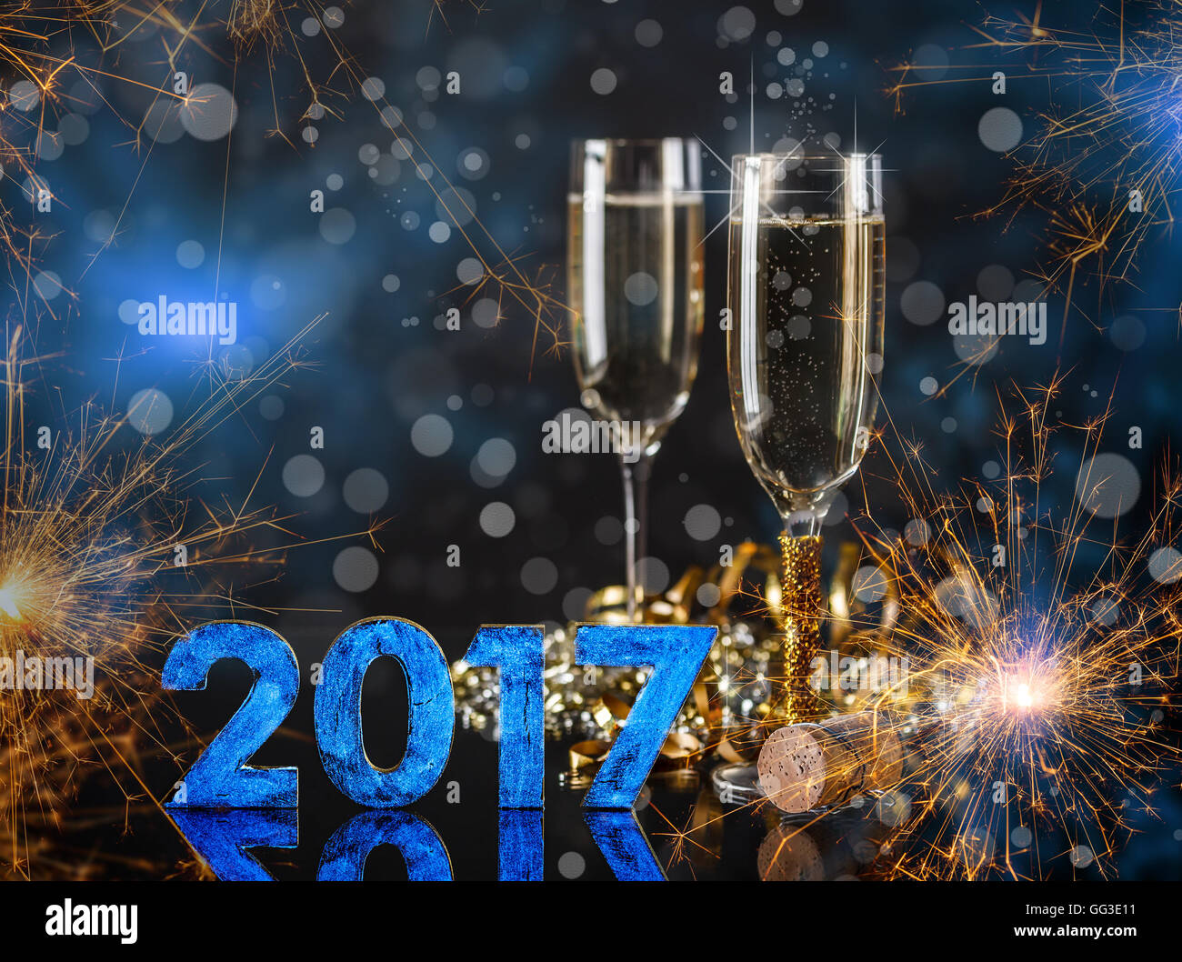 Champagne glasses ready to bring in the New Year 2017 Stock Photo - Alamy