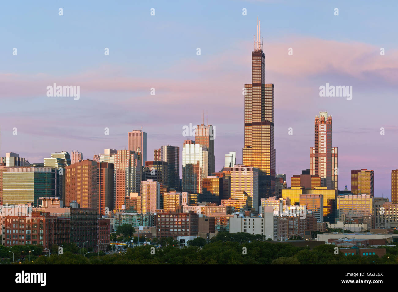 Chicago skyline at twilight. Image of Willis Tower and skyline of Chicago at sunset. Stock Photo