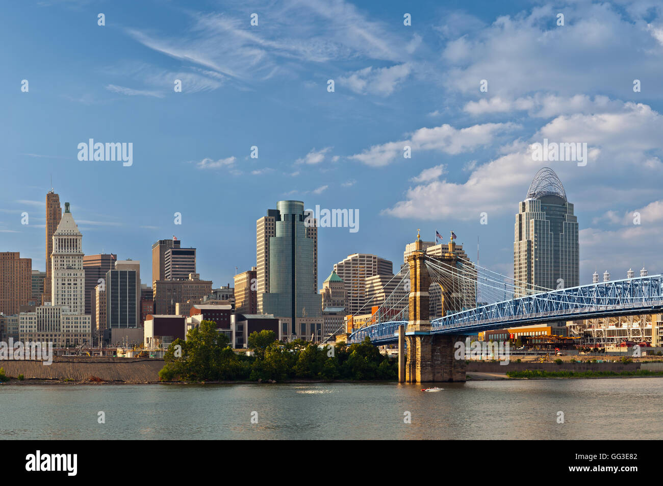 Image of Cincinnati skyline and historic John A. Roebling suspension bridge cross Ohio River. Stock Photo
