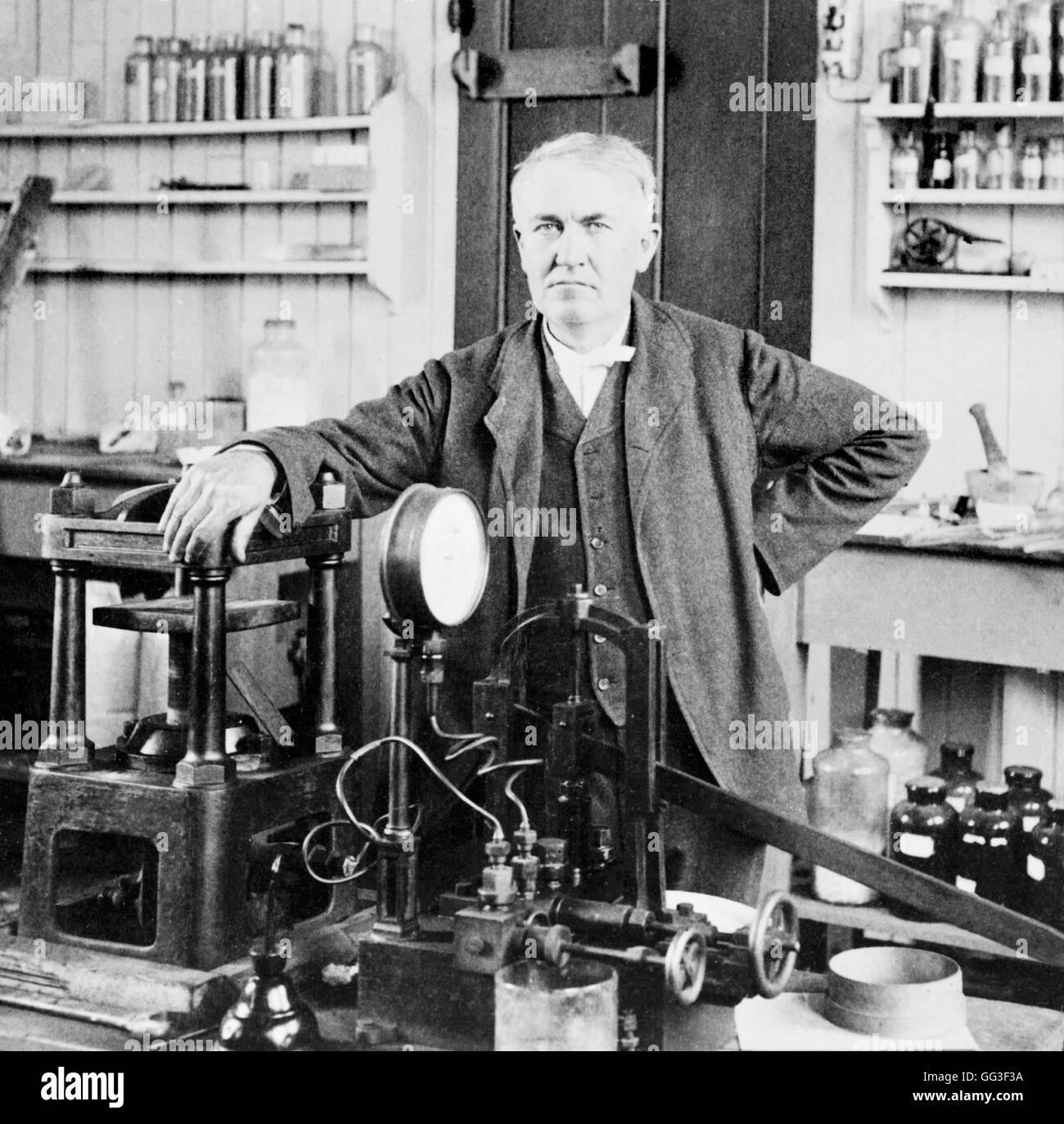 The American inventor and businessman,Thomas Edison (1847-1931), in his laboratory in East Orange, NJ, USA. Portrait by Underwood and Underwood, c.1901. Stock Photo