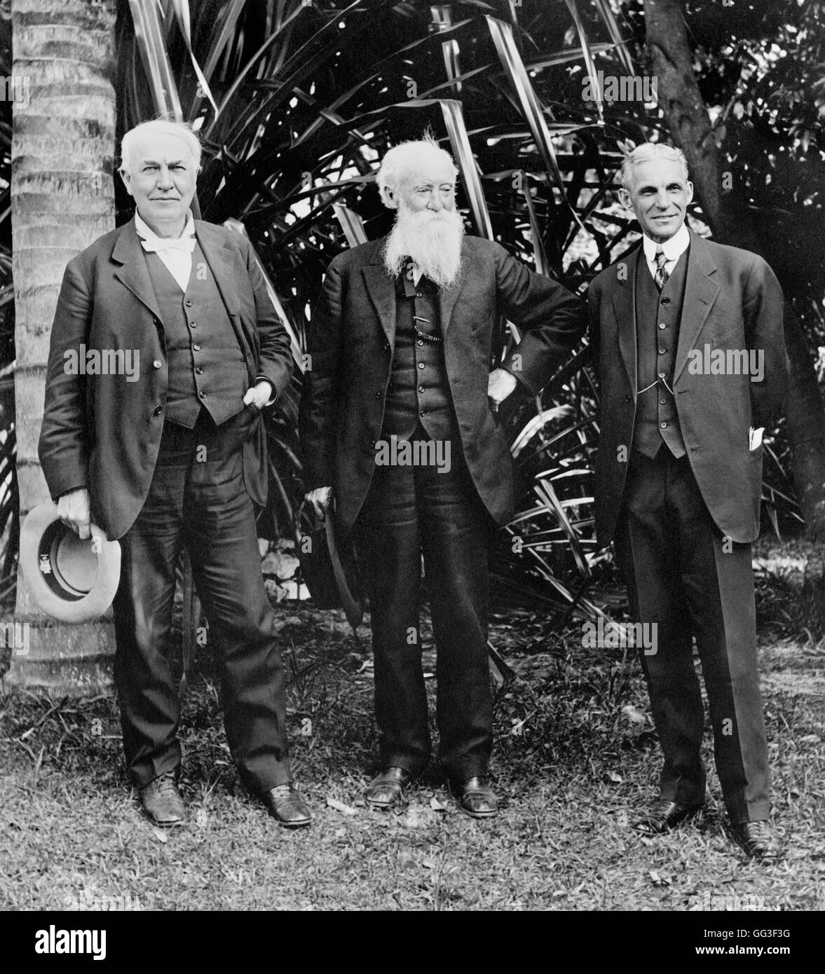Inventor, Thomas Edison (1847-1831), naturalist, John Burroughs (1837-1921) and automotive pioneer, Henry Ford (1863-1947). Photograph taken c.1914 in Edison's winter home in Fort Myers, Florida. Stock Photo