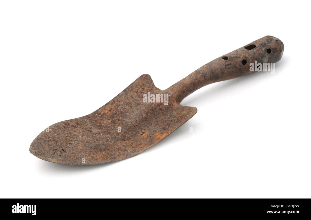 Old rusty garden trowel isolated on white Stock Photo