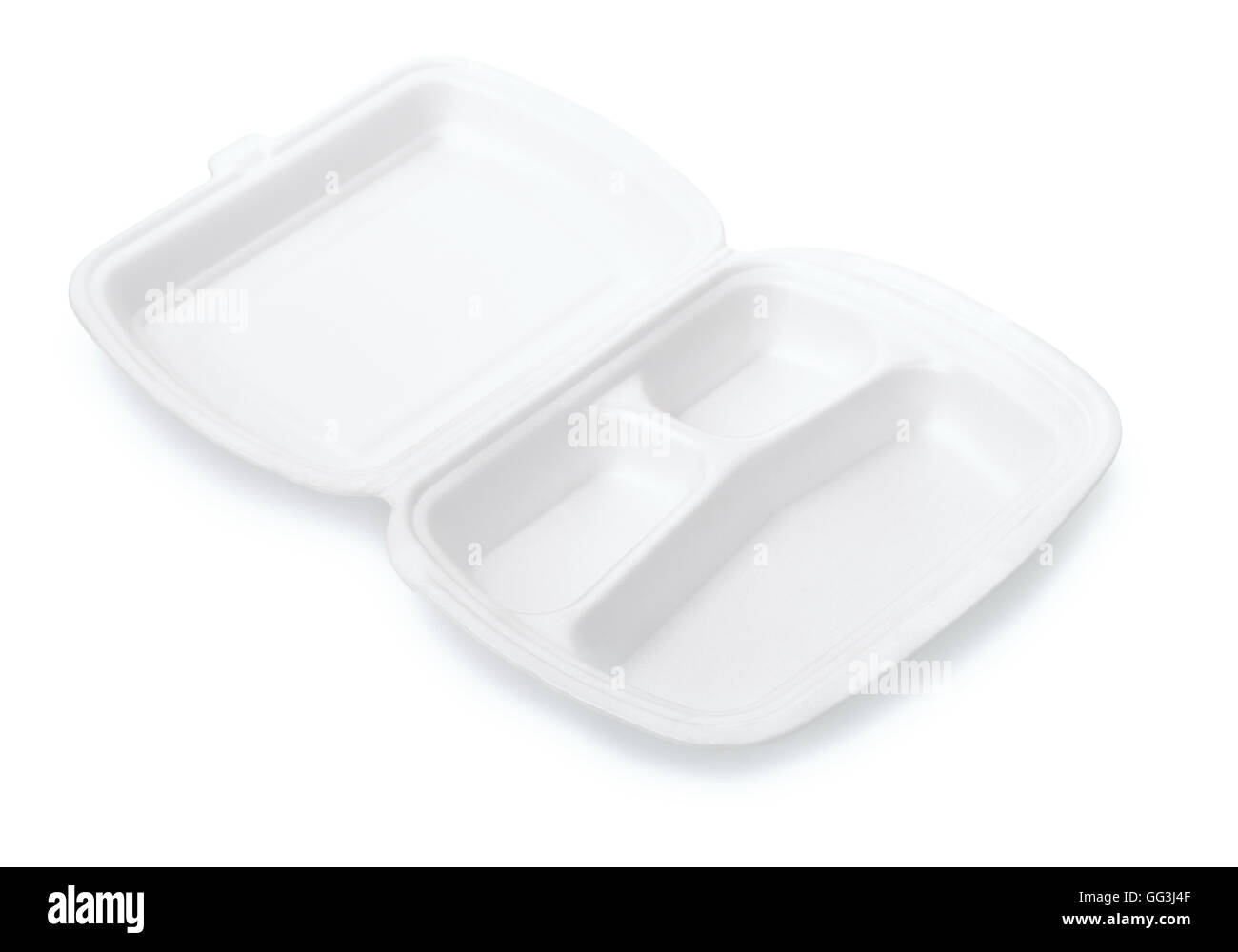 Small triple compartment foam take out food container isolated on white Stock Photo