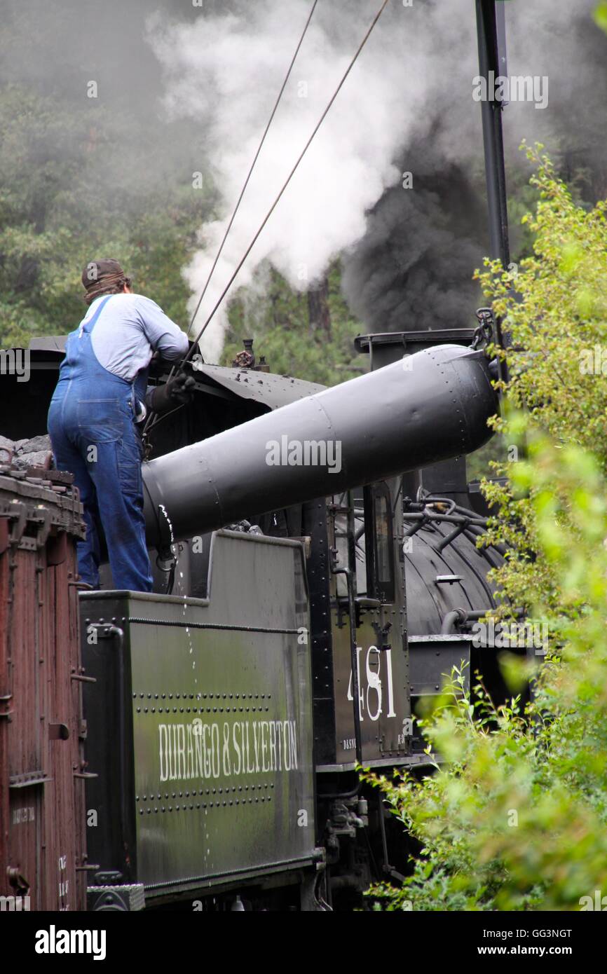 Steam locomotive taking on water on the Durango & Silverton Narrow Gauge Railroad Stock Photo
