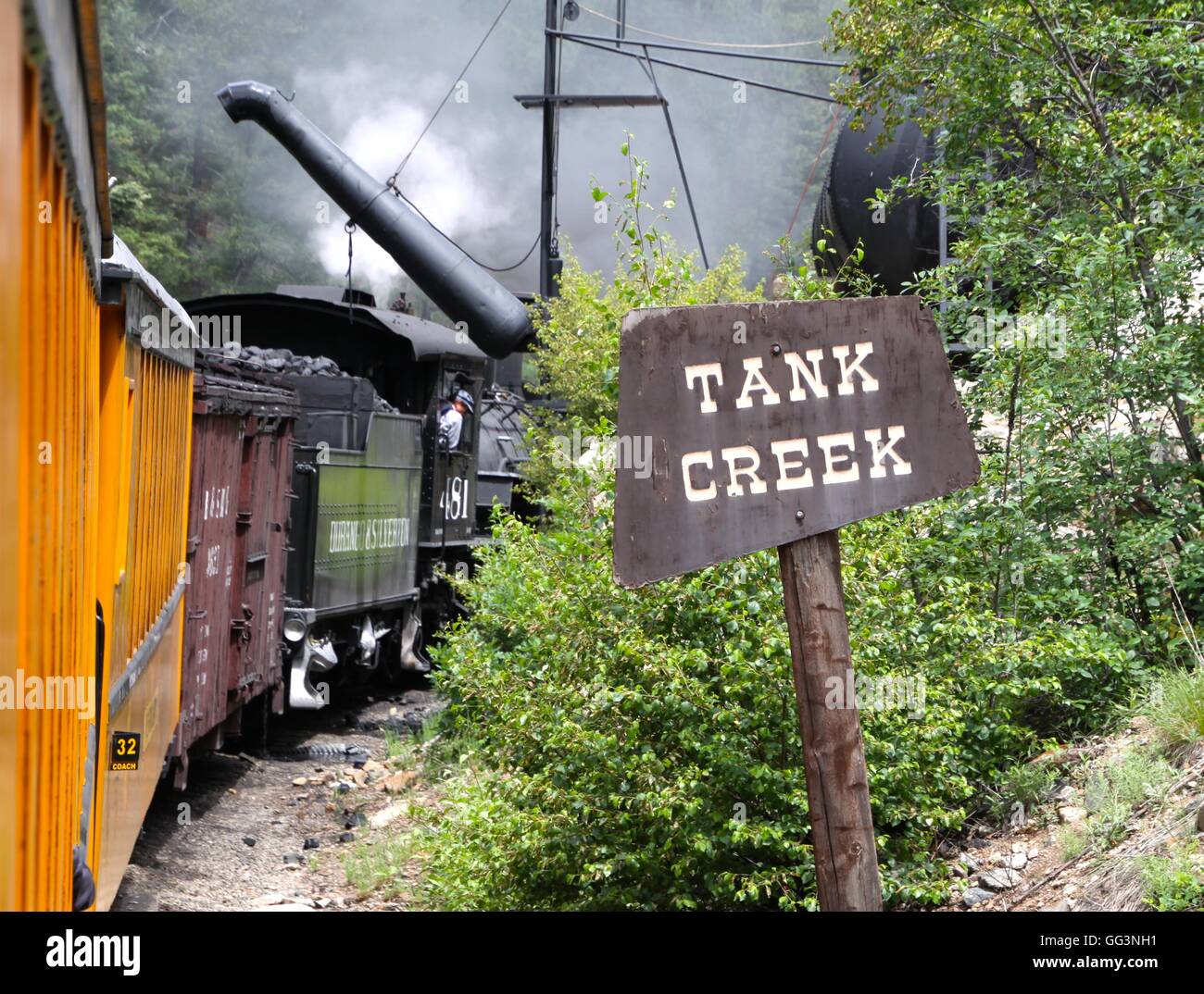 Steam locomotive taking on water on the Durango and Sliverton Narrow Gauge Railroad Stock Photo