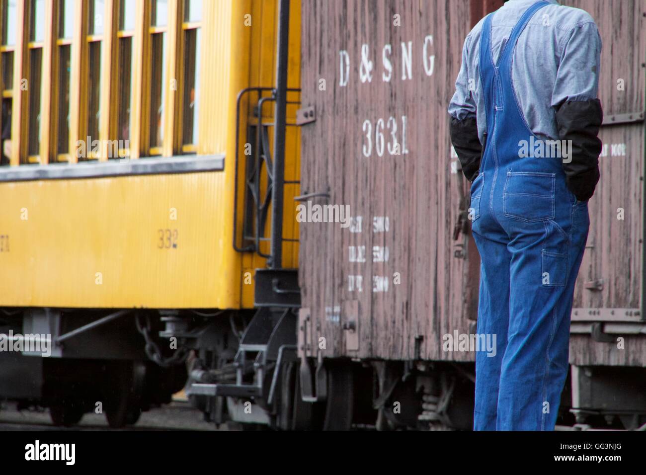 Railroad workers on the Durango & Silverton Narrow Gauge Railroad. Stock Photo