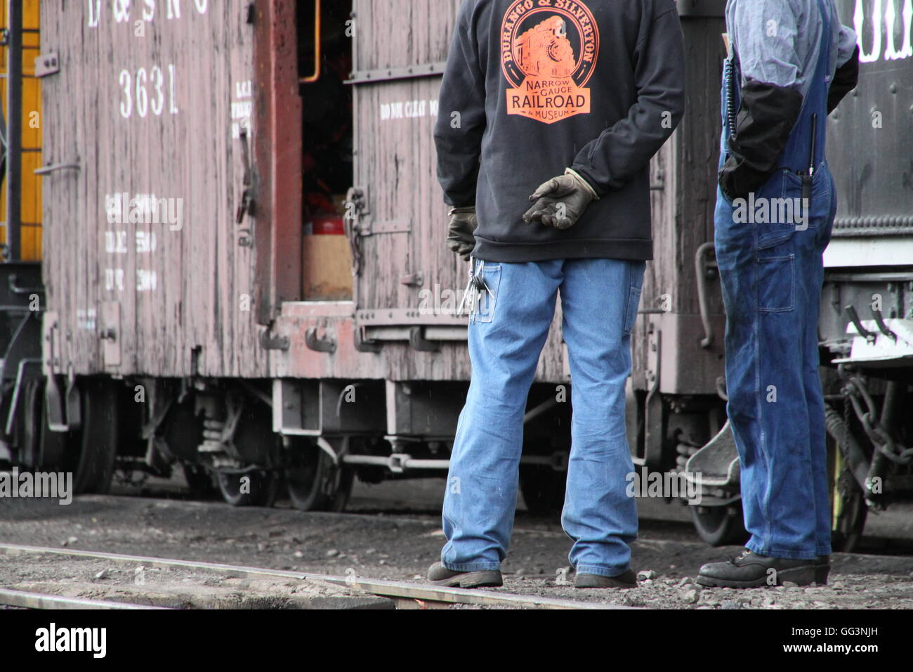 Railroad workers on the Durango & Silverton Narrow Gauge Railroad. Stock Photo