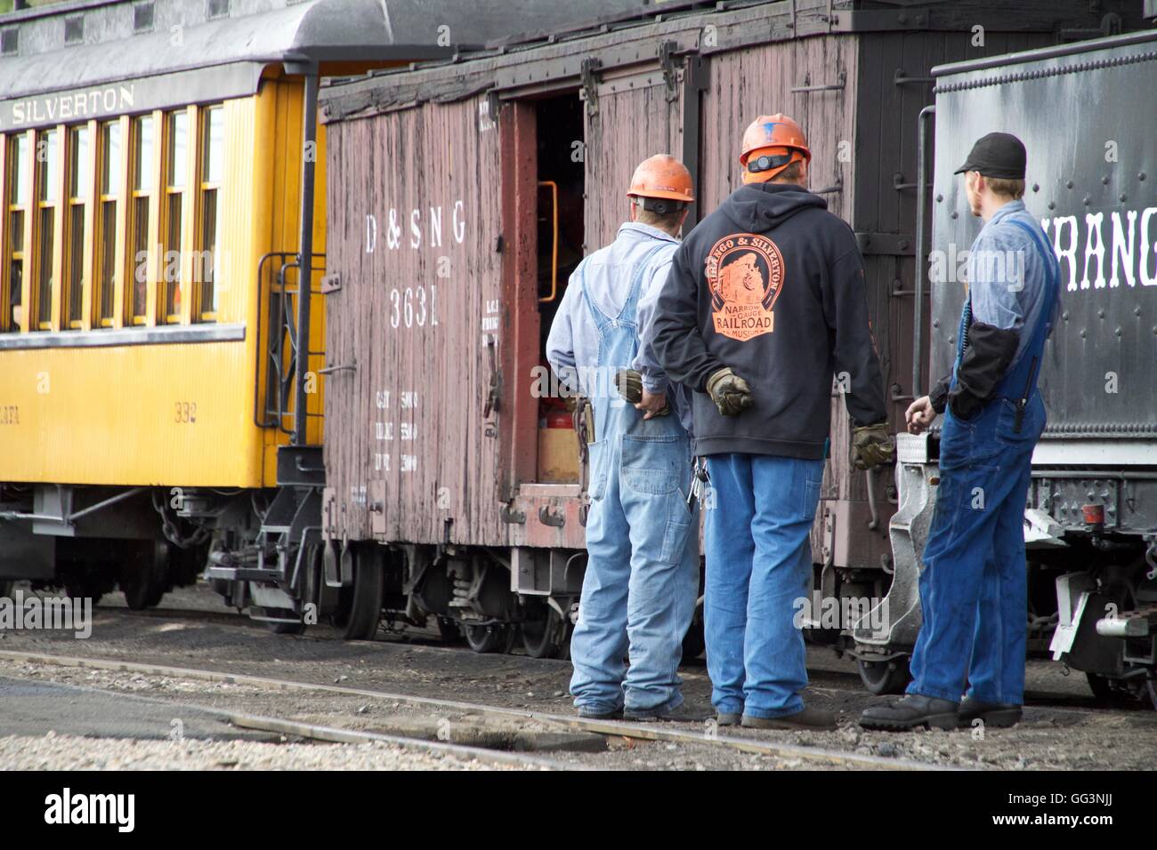 Railroad workers on the Durango & Silverton Narrow Gauge Railroad. Stock Photo