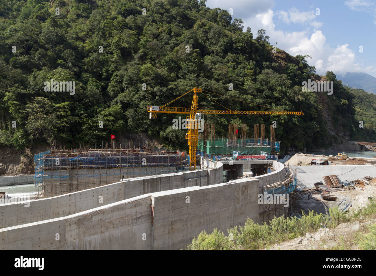Bhulbhule, Nepal - October 23, 2014: Construction site of the Upper Marsyangdi Hydropower Project in the Annapurna Region Stock Photo