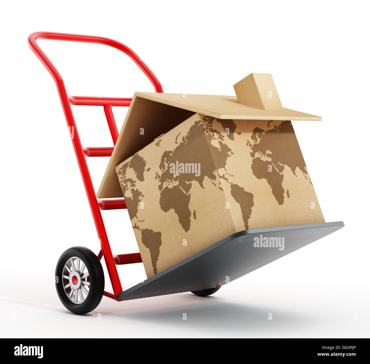 House shaped cardboard box with world map texture on hand truck. 3D ...