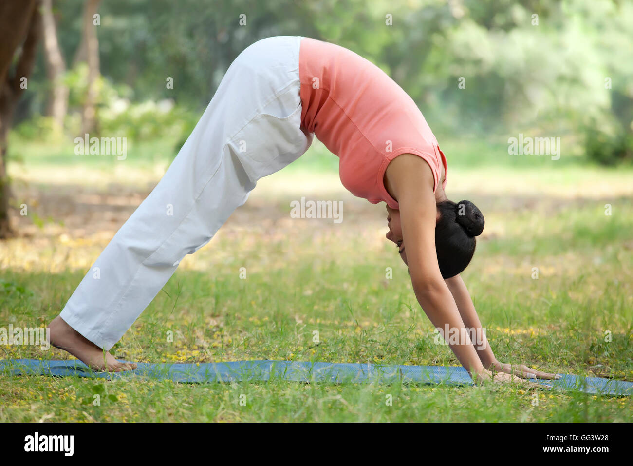 Woman in downward yoga pose Stock Photo