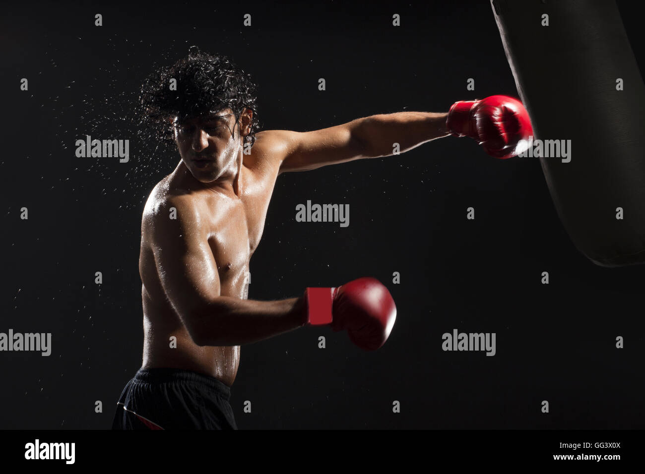 Handsome male boxer hitting heavy bag Stock Photo Alamy