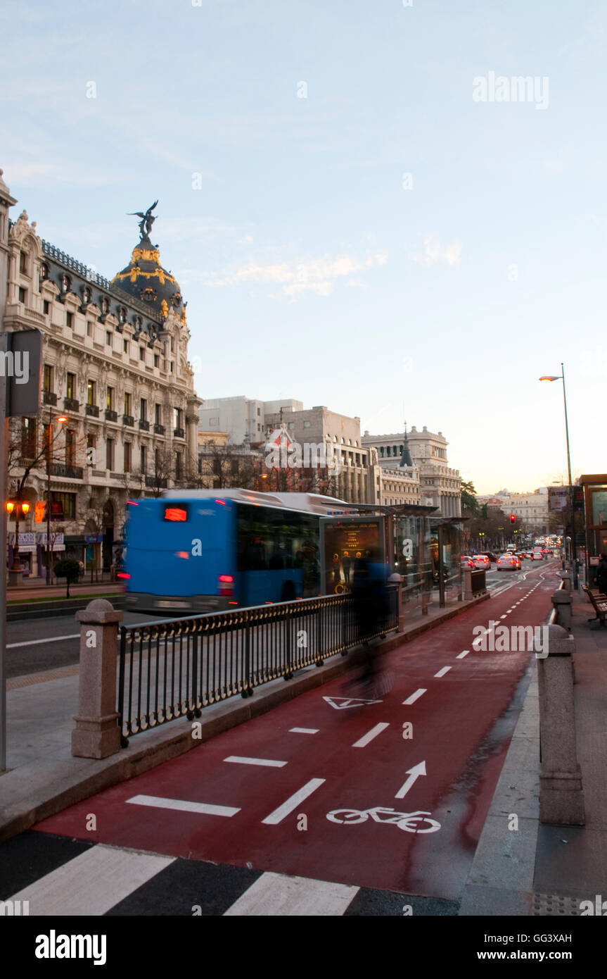 Cycle lane in Alcala street at dawn. Madrid, Spain. Stock Photo
