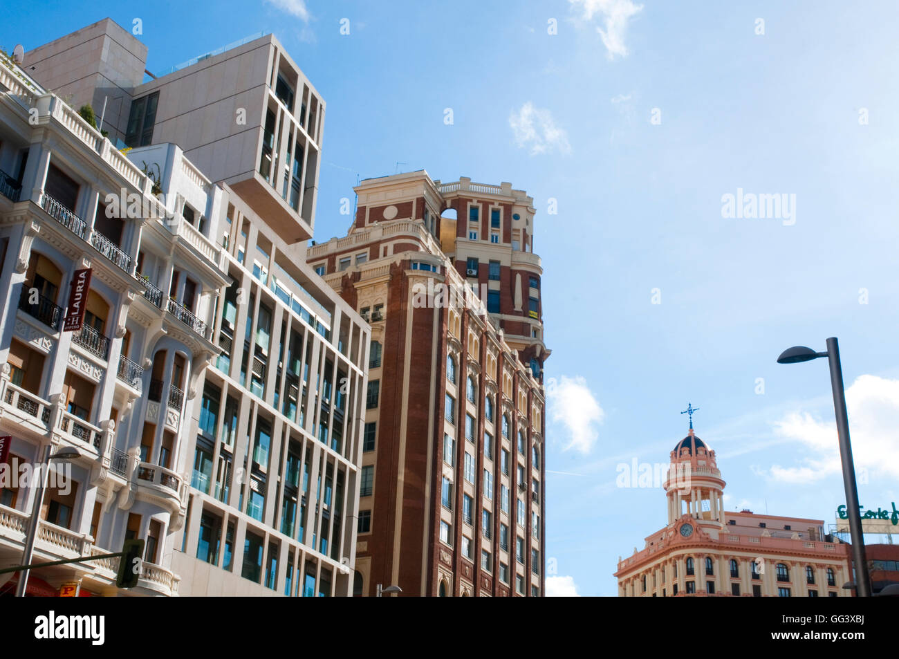 Facades of buildings. Gran Via, Madrid, Spain. Stock Photo
