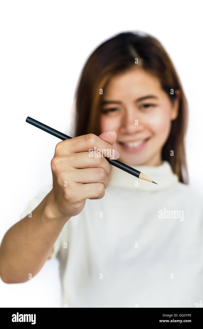 Beauty Asian Girl writing with black Pencil isolated on a White