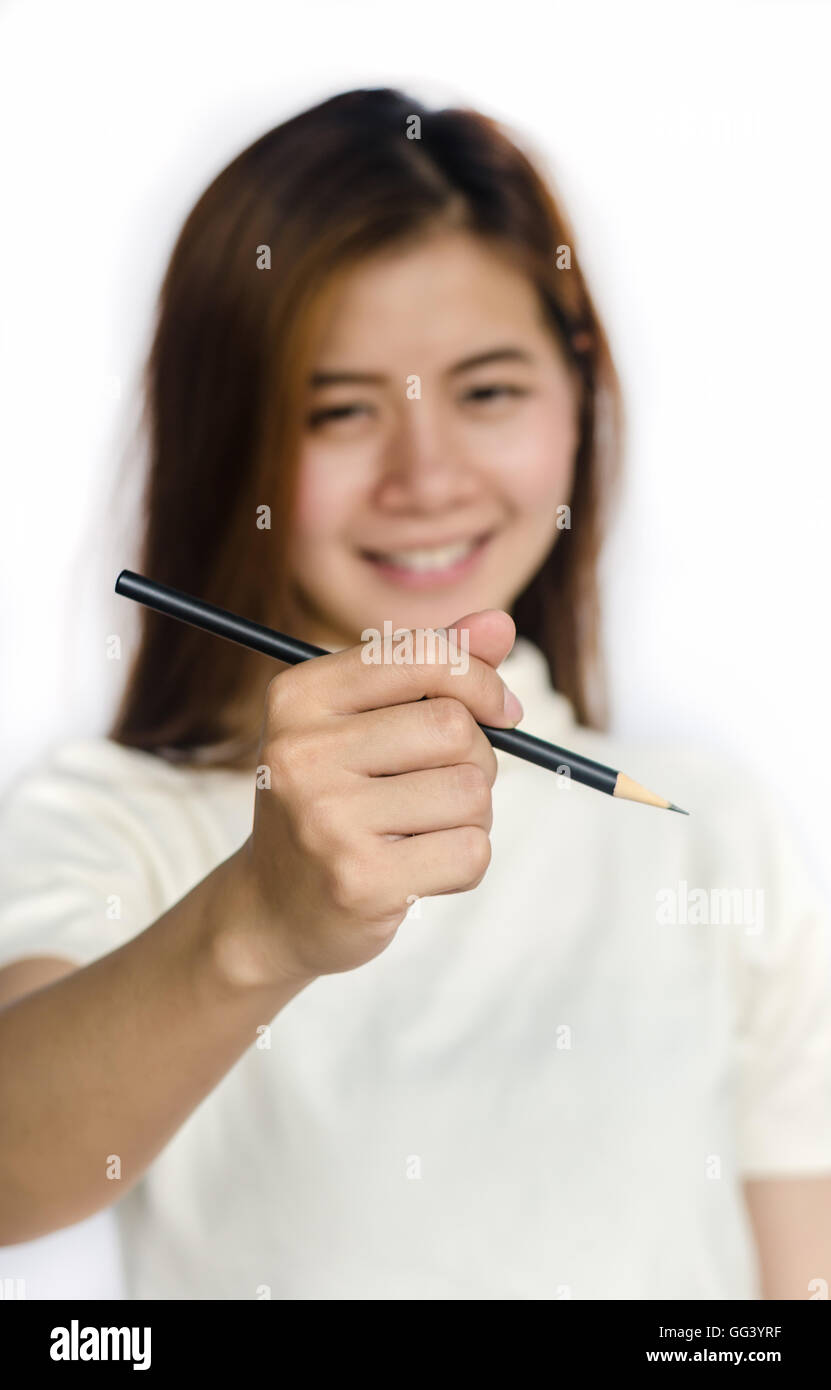 Beauty Asian Girl writing with black Pencil isolated on a White