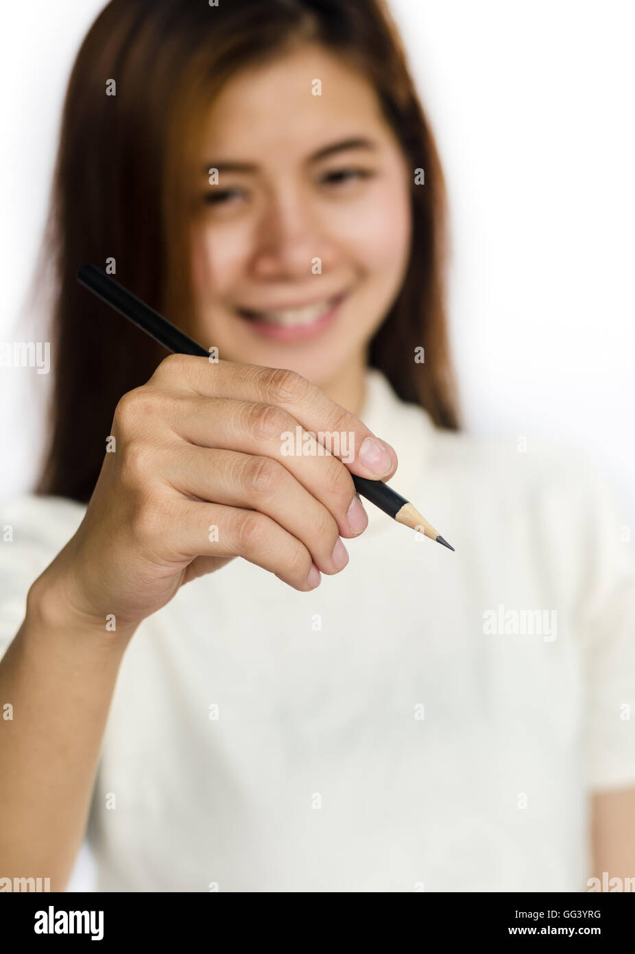 Beauty Asian Girl writing with black Pencil isolated on a White