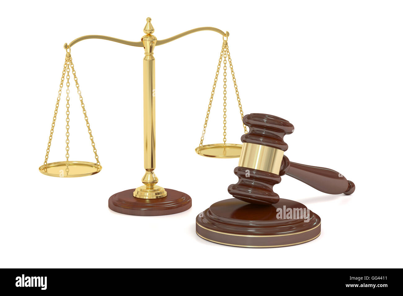 wooden gavel and golden scales of justice, 3D rendering isolated on ...