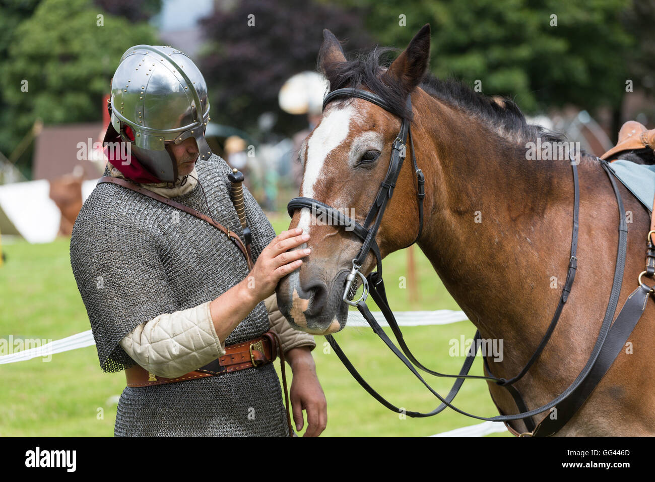 Members of Comitatus, a Roman reenactment society from York, prepare to perform in Carmarthen, Wales Stock Photo