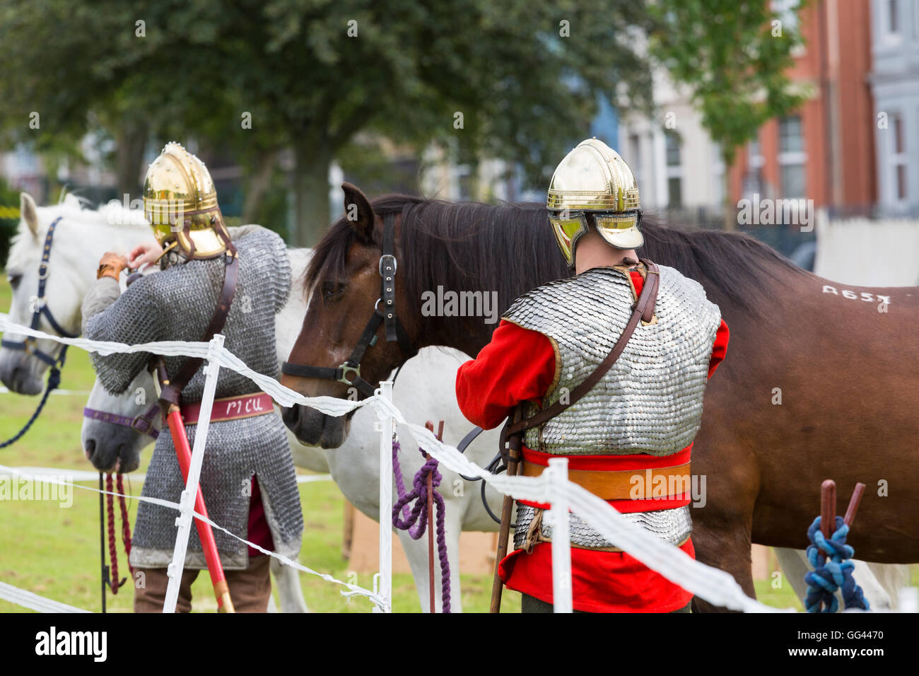 Members of Comitatus, a Roman reenactment society from York, prepare to perform in Carmarthen, Wales Stock Photo