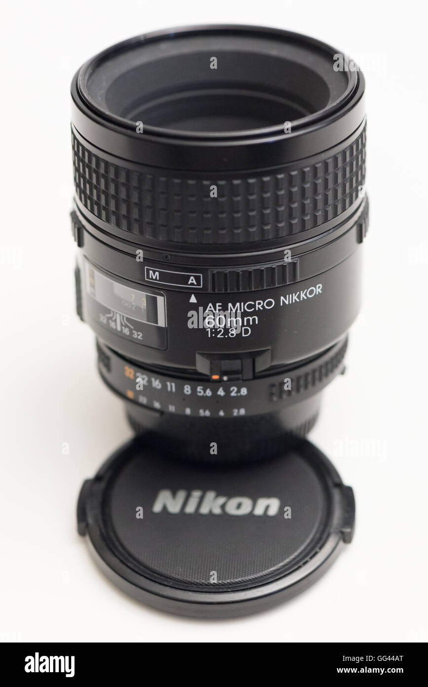 Paris, France - AF Micro Nikkor 60mm macro lens for Nikon DSLR Stock Photo