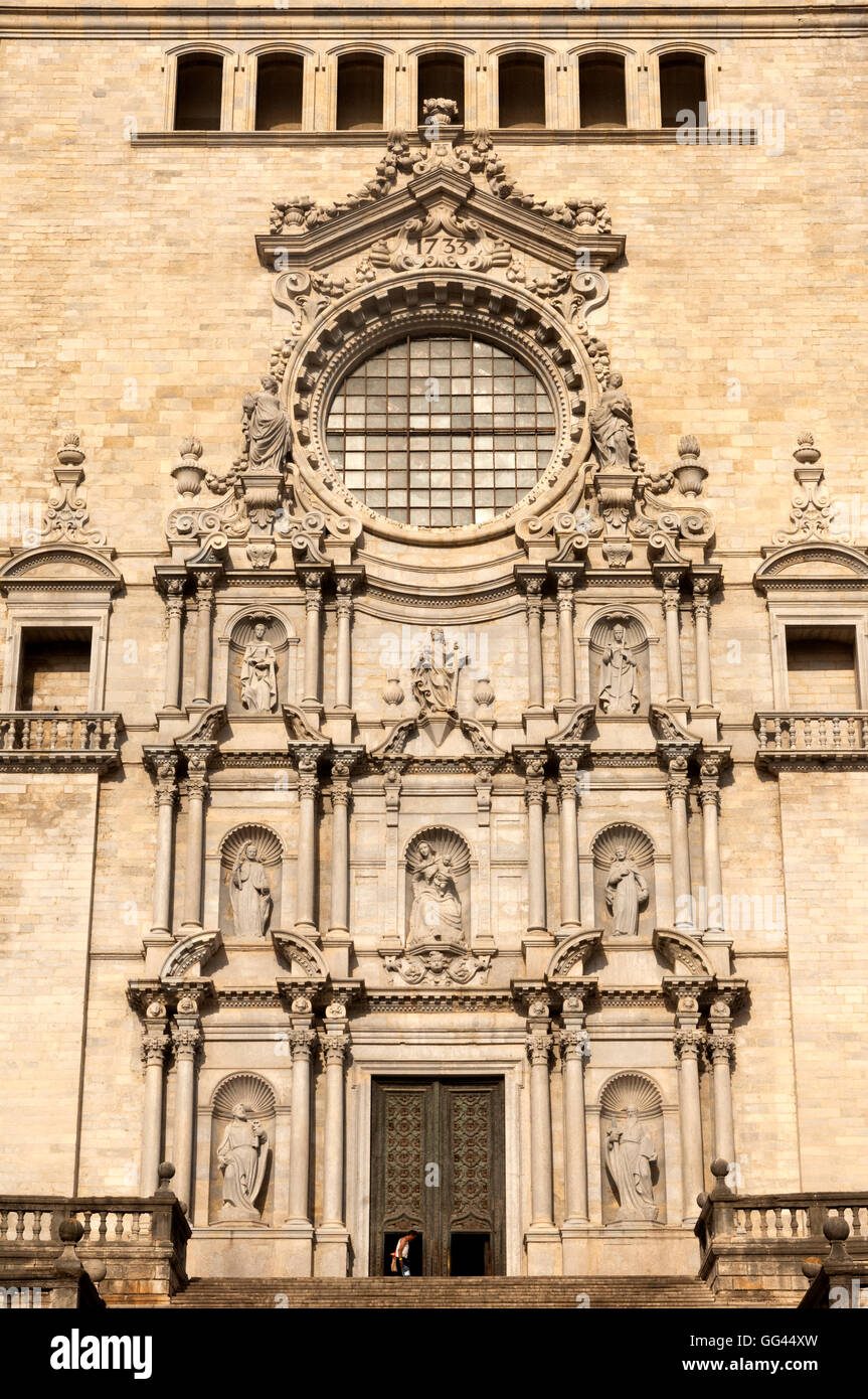 The facade of the Cathedral (Catedral de Santa Maria) in Girona (Gerona), Catalunya, Spain. Stock Photo
