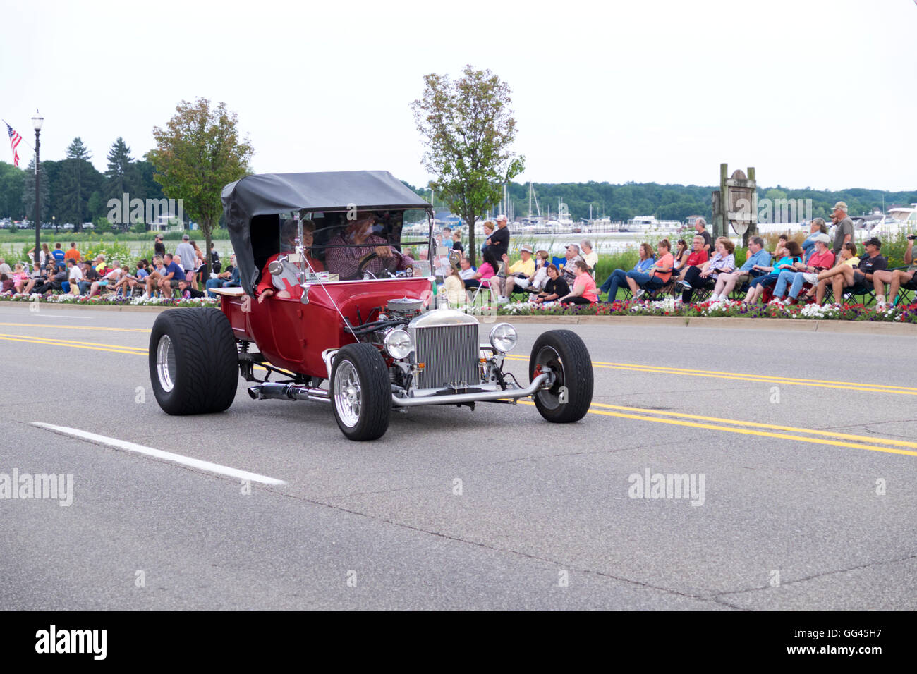 Hot Rod participating in the 2016 annual Cruz In parade in Montague, Michigan. Stock Photo