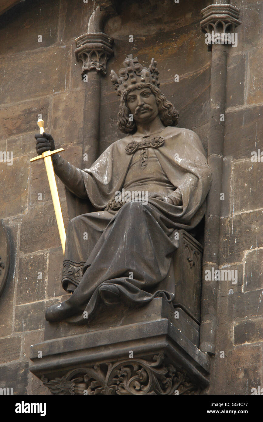 King George of Podebrady. Statue on the Powder Tower in Prague, Czech Republic. Stock Photo