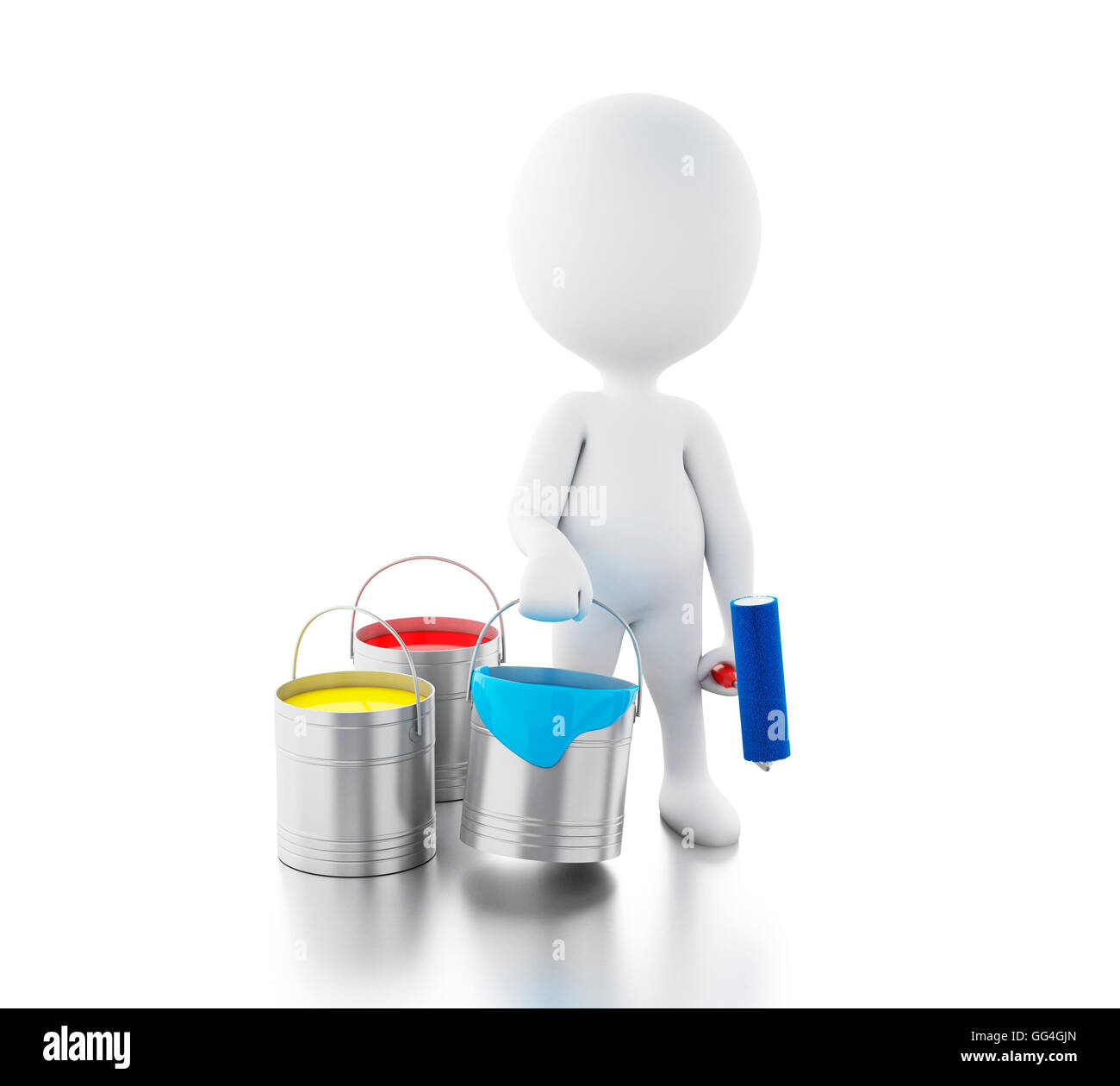 3d renderer image. White people with paint buckets and paint roller ...