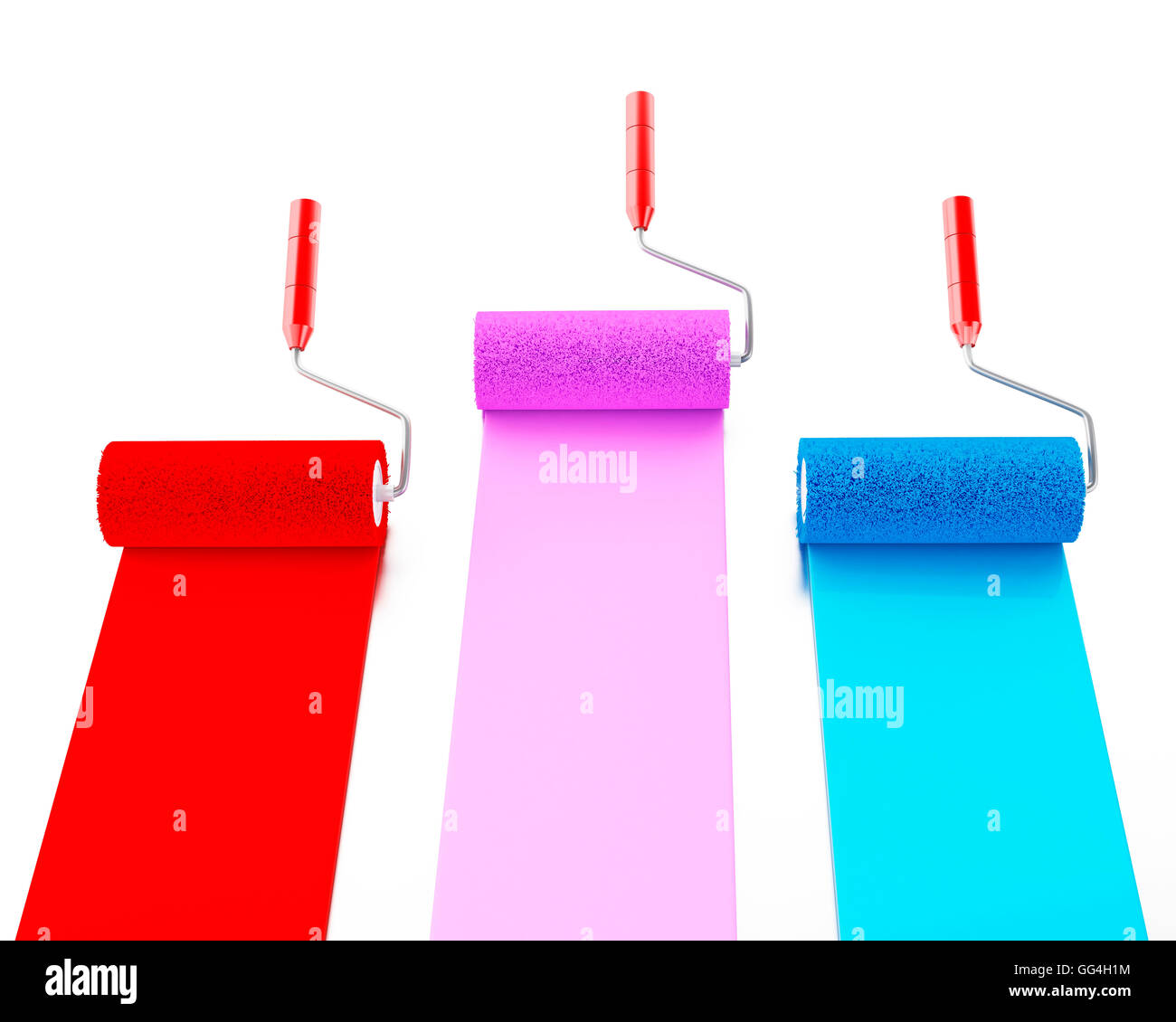 3d renderer image. Paint rollers with colours red, blue and purple