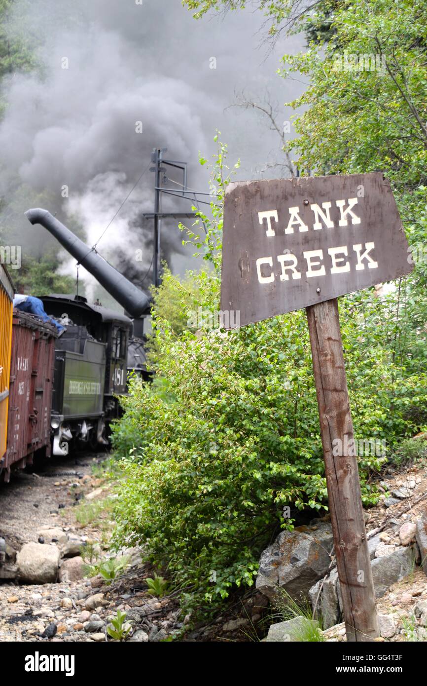 Steam locomotive taking on water on the Durango & Silverton Narrow Gauge Railroad. Stock Photo